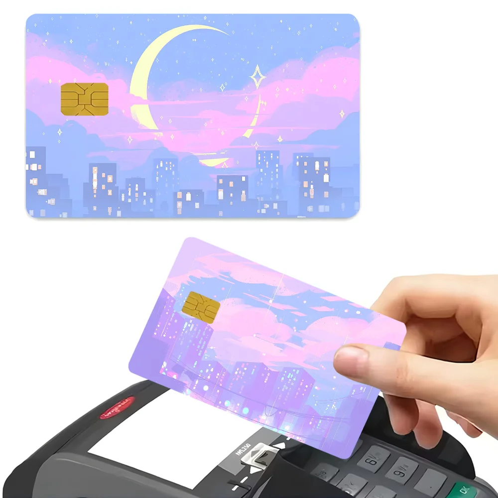 Pink Pastel Anime Moon Landscape Anime Cartoon Bear Skin Sticker Film Tape Case For Big Credit Debit Card Front Side