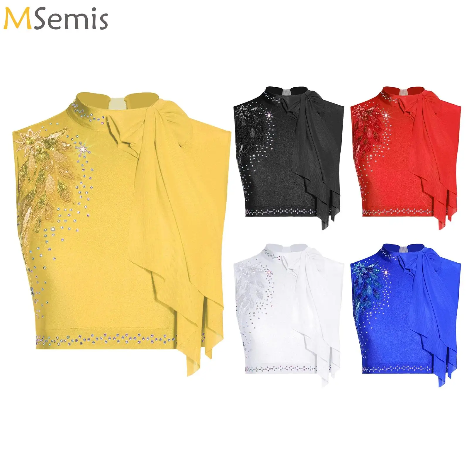 

Sequin Embroidery Bow Decor Modern Dance Crop Tops Women Adult Rhythmic Lyrical Costume Dancewear Sleeveless Hollow Out Tank Top