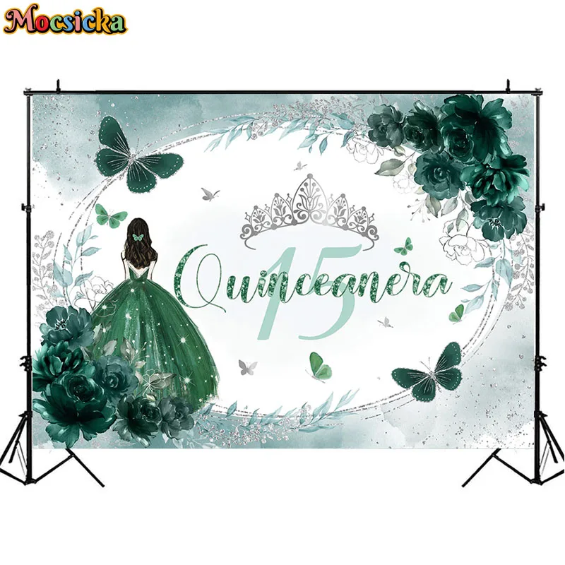 Quinceanera 15th Birthday Backdrop Dark Green Flower Dress Butterfly Crown Sweet Girl Princess Photo Background Cake Table Decor