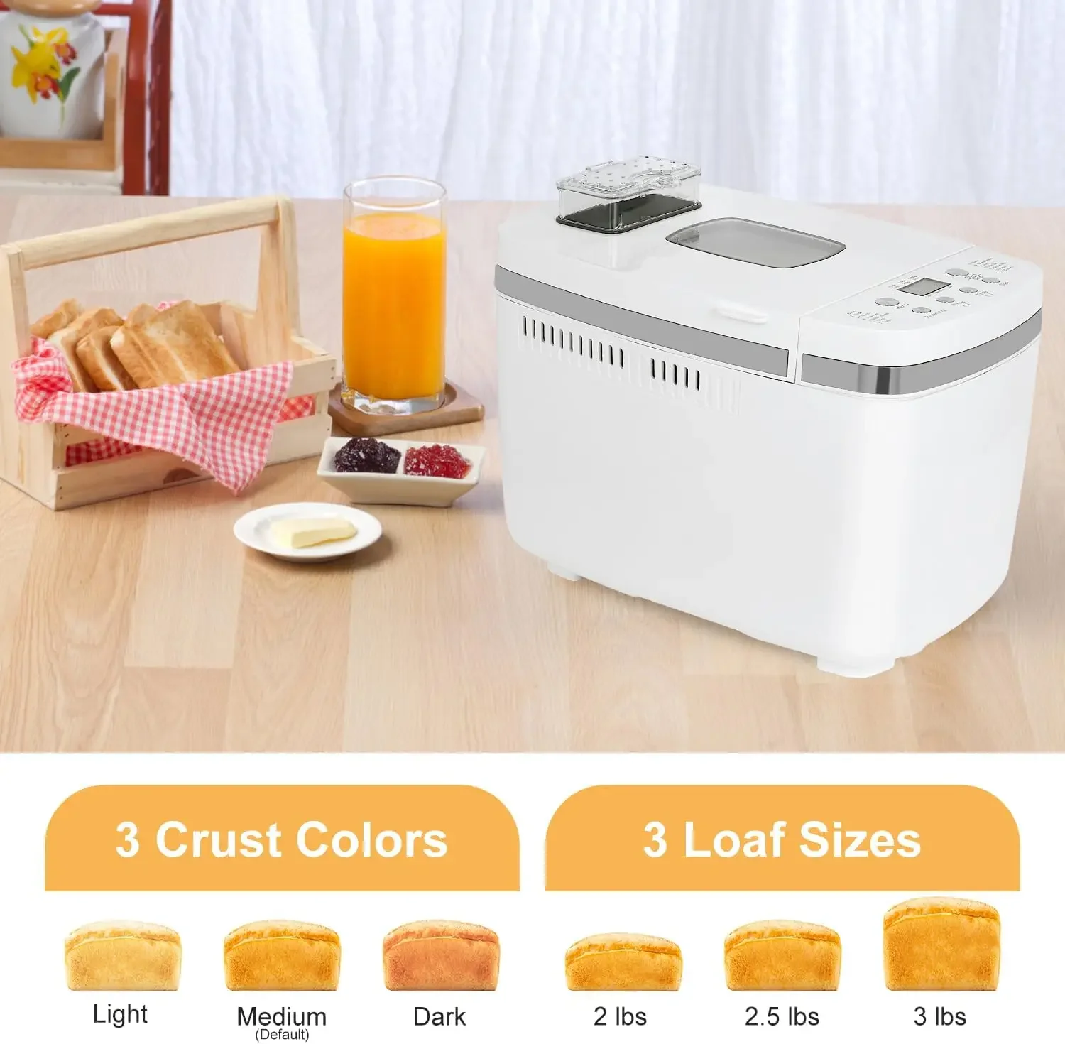 Máquina de fazer pão com configuração sem glúten 3LB 2,5LB 2LB Máquina automática de pão com dispensador de frutas e nozes Máquina de fazer pão 14 em 1