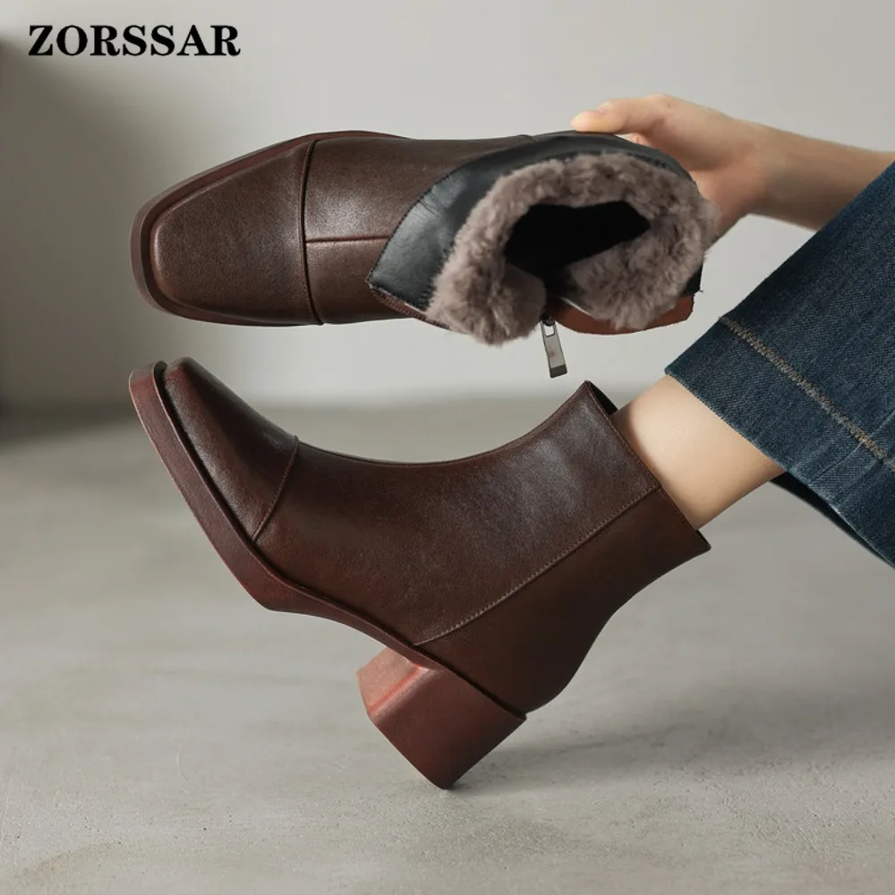 2026 New Big Size 34-42 Genuine Leather Ankle Boots Women Nature Wool Warm Winter Boots Square Heels Black Brown Snow Boots