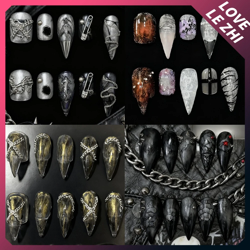 

10Pcs Dark Punk Handmade Beast Claw Dragon Claw Press On Nails Spice Girl Chain Rivets Diamond Colorful Gradients Fake Nails