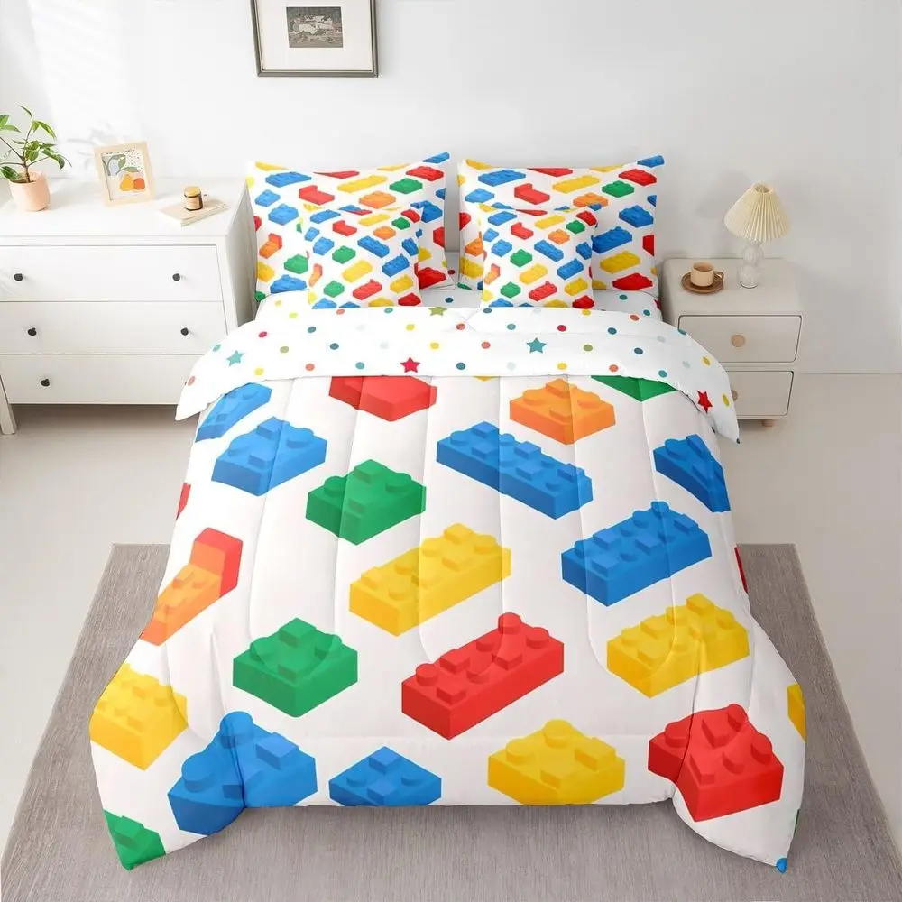 

King Size LEGO-Themed 7-Piece Bedding Set for Kids, Including Comforter, Sheets, Pillowcases, and Covers