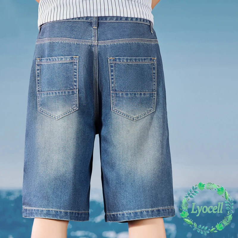 Pantalones Cortos de Mezclilla para Hombre, Ligeros, de Verano, Tela Lyocell, Estilo Holgado, Rectos, Hasta la Rodilla, Jeans, Joggers, Jorts, Bermuda