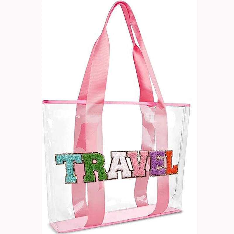 Women Pink Cute Girls Travel Chenille Letter Clear PVC Transparent Beach Patches Stuff Tote Bag with Handles for Swim