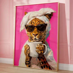Modern Animal Leopard Drinking Coffee Prints Canvas Painting Colorful Dopamine Posters for Living Room Wall Art Home Decoration