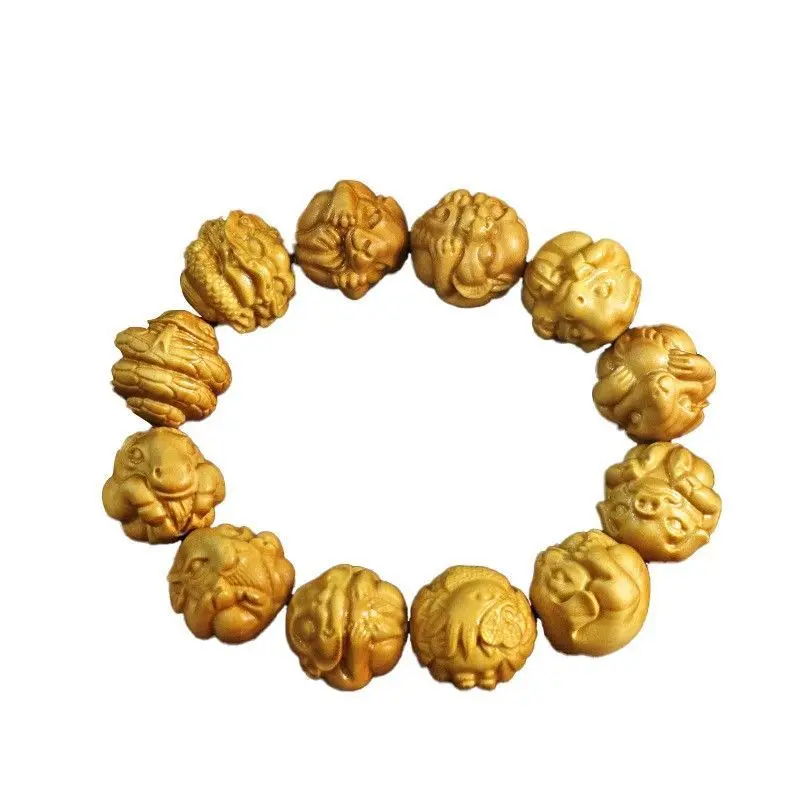 2027 Chinese Style Cliff Thuja Wood Carved Bracelet 12 Chinese Zodiac Animal Pattern Beaded Bangle For Men Women Daily Wear Medi