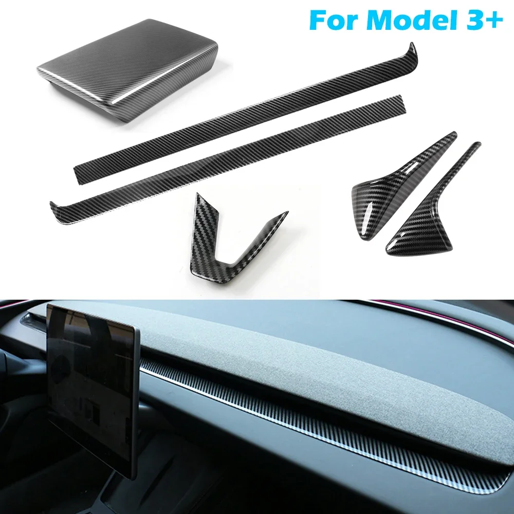 BEVO Glossy ABS Carbonfiber Pattern For Tesla Model 3 Highland Dashboard Armrest Cover Anti Kick Protector Rear Display Frame