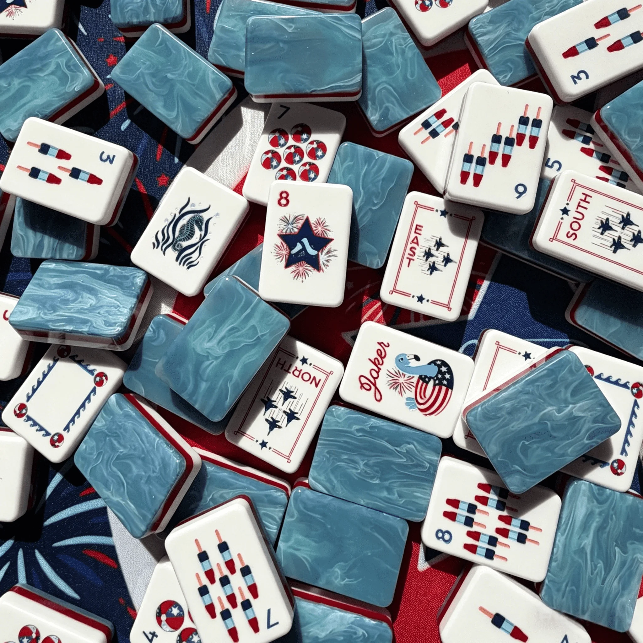 2026 Hot Seller American Mahjong Set 160PCS Marbled Blue Acrylic Patriotic Rocket & Firework Wholesale