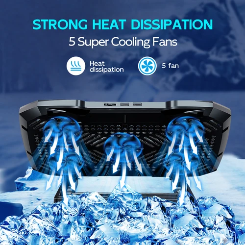 Imagen 2 del producto COOLCOOLD Almohadilla de enfriamiento para computadora portátil para soporte enfriador para computadora portátil de 12-17 pulgadas, 5 ventiladores silenciosos, 5 ángulos ajustables con soporte para teléfono