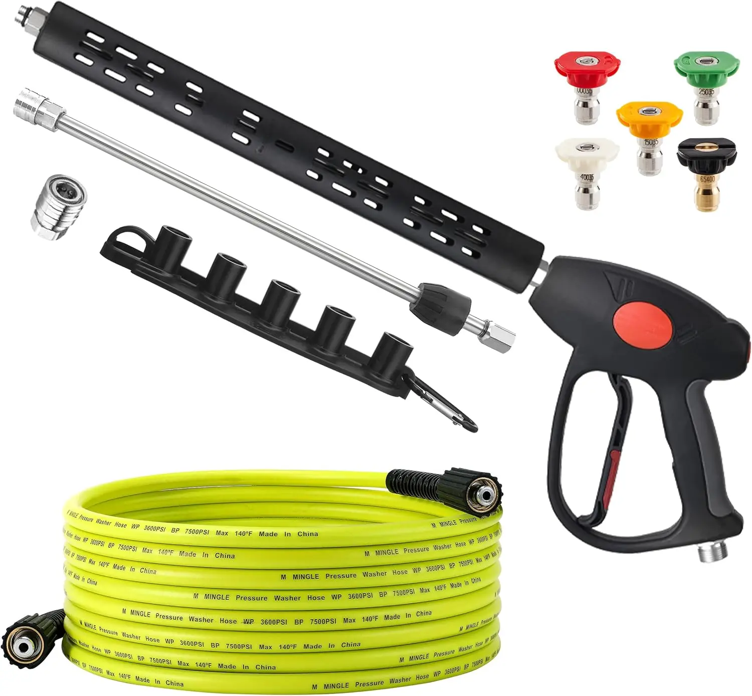 

Комплект шлангов для мойки высокого давления на 25 футов с пистолетом и 5 насадками, фитинг M22-14 мм для очистки высокой мощности