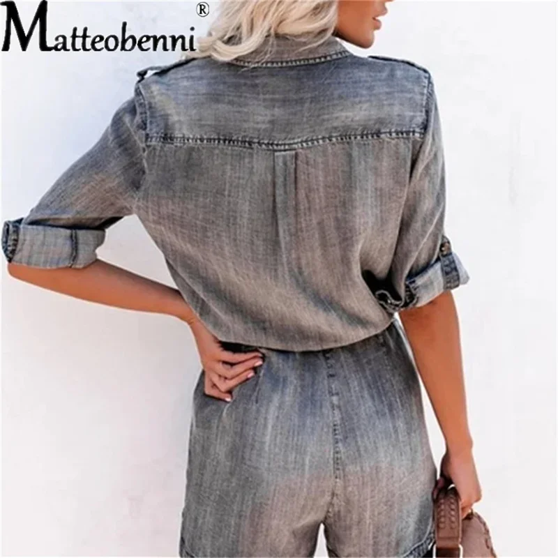 Jumpsuit Pendek Denim Musim Panas 2021 Kantung Sabuk Berkerah Wanita Kemeja Warna Solid Retro Pinggang Elastis Baju Monyet Lengan Panjang Pakaian Bermain