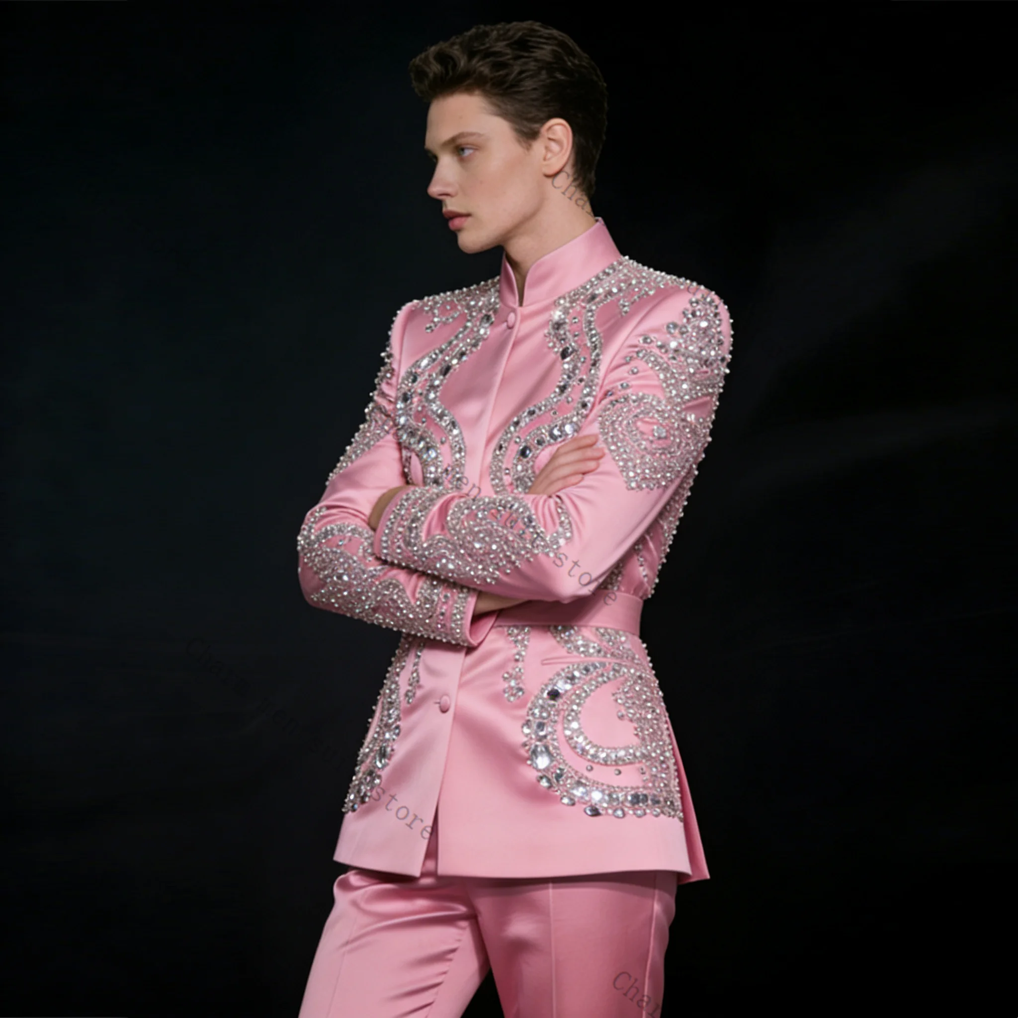 Picture 5: Glitter Crystals Pink Men Suits Set 2 Pcs Satin Blazer+Pants Trousers Wedding Tuxedo Formal Office Business Groom Jacket Coat