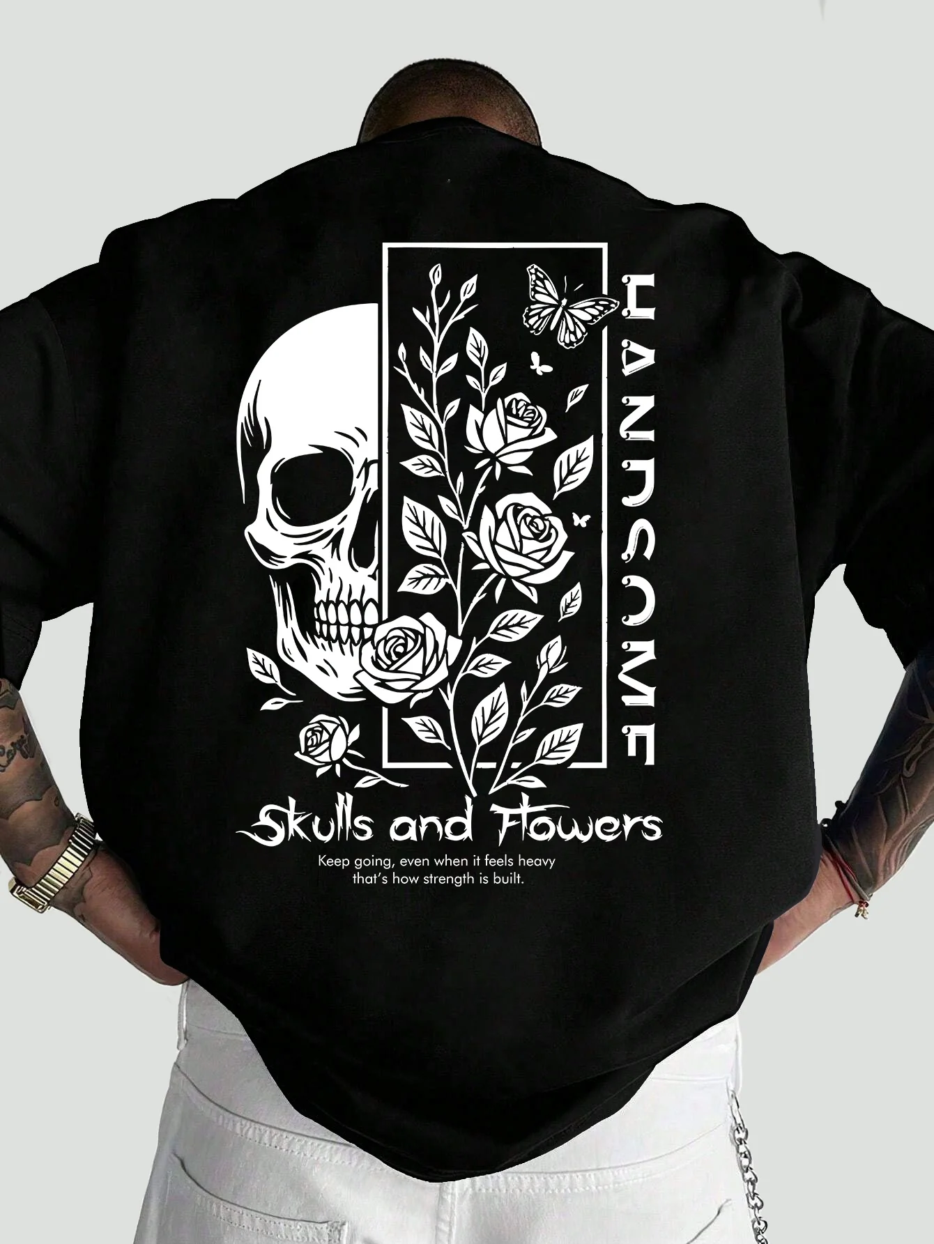 Summer New Style Skull and Rose Print 100% Cotton Men's T-shirt in Retro Gothic Style - Comfortable Short-sleeved T-shirt