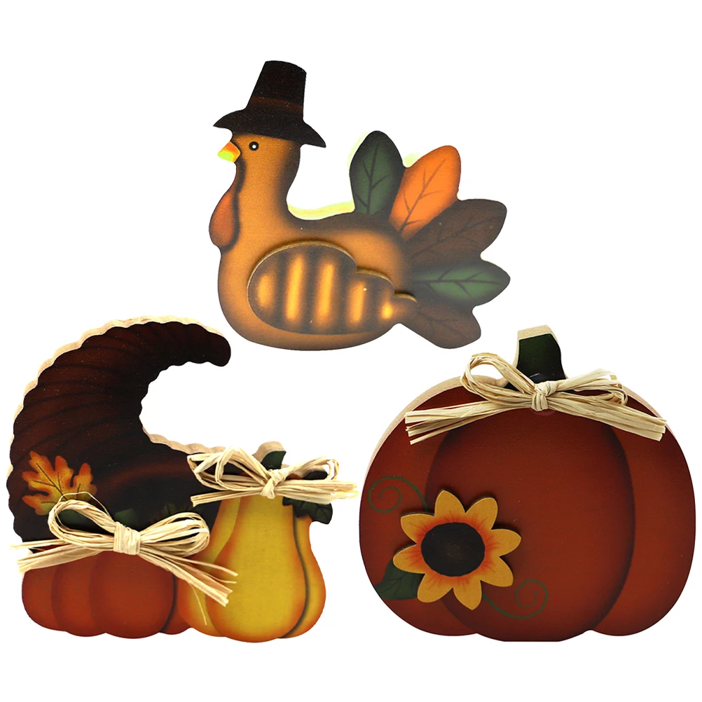 

3 Pcs Thanksgiving Adornment Pumpkin Turkey Ornament Decoration Desktop Wooden Dining Room Table