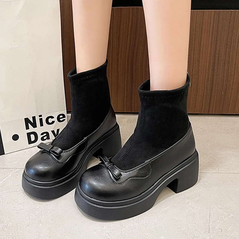 عالية الكعب القوس النساء الأحذية منصة أحذية امرأة موضة الفراء الثلوج الأحذية 2025 الشتاء أحذية مكتنزة رياضة عادية قصيرة بوتاس Mujer #1