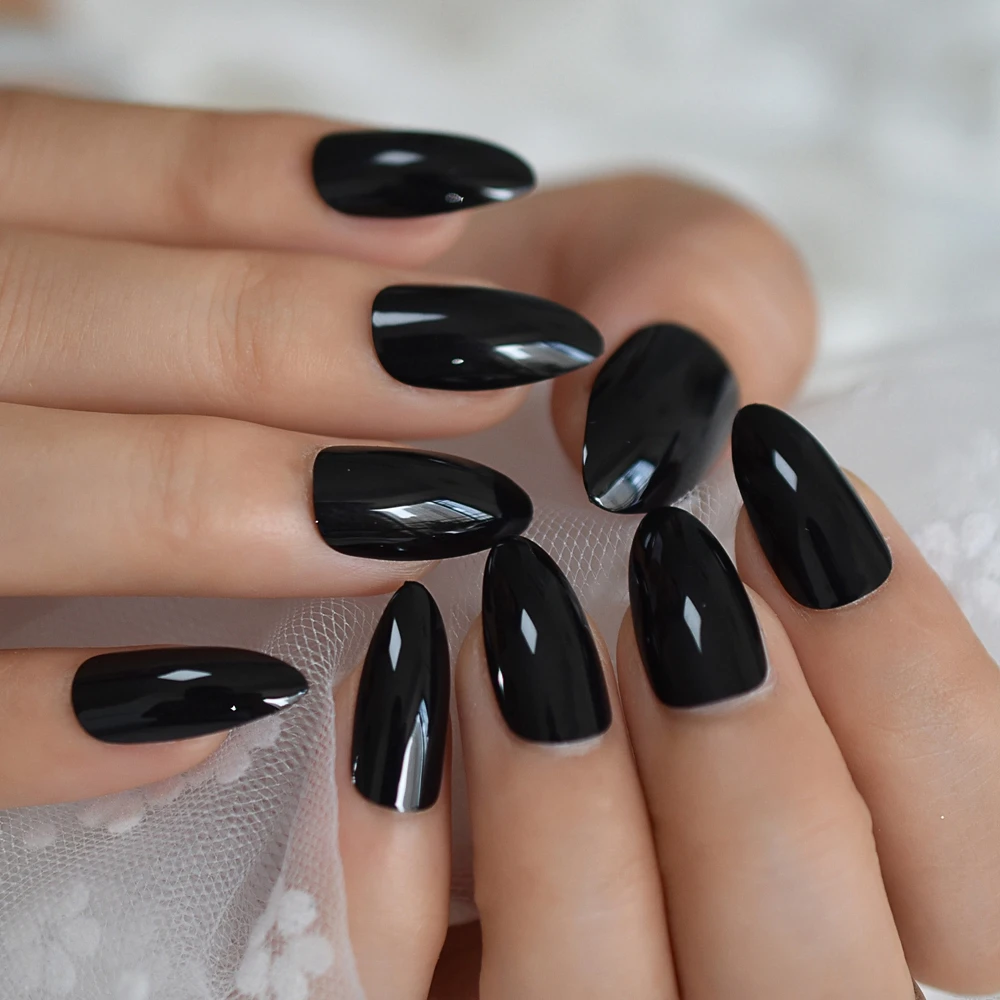 Black gel Nails Full Cover Glossy Stiletto Solid Color Full False Nail Wholesale Medium Press-on Finger Nails 24 Ct