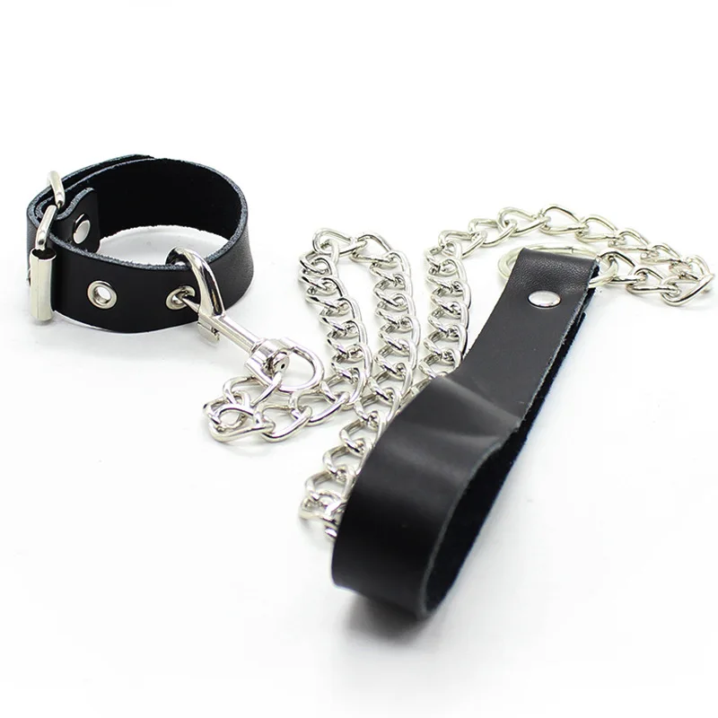 Leather Penis Ring Fetish Bondage Metal Chain Scrotal Cuff Traction Rope BDSM Training Penis Exercise Adult Male Sexual Products