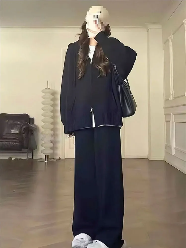 ชุดเซ็ต 2 ชิ้น เสื้อฮู้ดมีซิปและกางเกงขายาวทรงหลวมสไตล์ลำลองสำหรับผู้หญิง ผ้าถัก ชุดแฟชั่นเสื้อผ้าถักทรงตรง