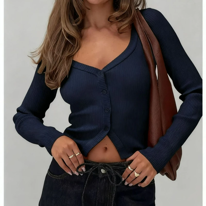 

New Fashion Long-sleeved T-shirt Slimming Crop Top Knitted Sweater European Style Sexy V-neck Top for Women 2026 Autumn/winter