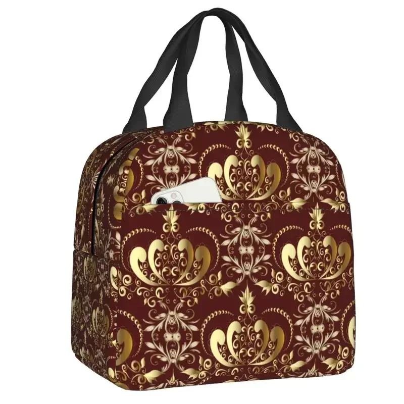 Vintage Gold Royal Seamless Pattern Insulated Lunch Bag European Baroque Floral Resuable Cooler Thermal Bento Box Women Kids