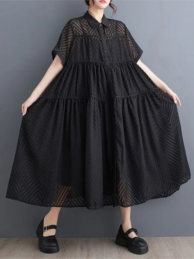 Oversized Summer Loose 2 Two Piece Set Women Sleeveless A-Line Ladies Slip Dresses See Through Fashion Woman Midi Shirt Dress