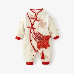 2024 Baby's Girl's Winter Clothes Chinese Style Newborn Jumpsuit for Going out Thickened Quilted Hundred Days Autumn and Winter