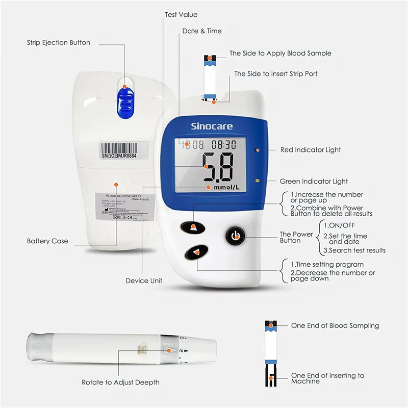 Medidor de glucosa en sangre Sinocare Safe Accu2, monitor de glucosa en sangre, prueba de azúcar en sangre para diabetes o solo tiras reactivas.