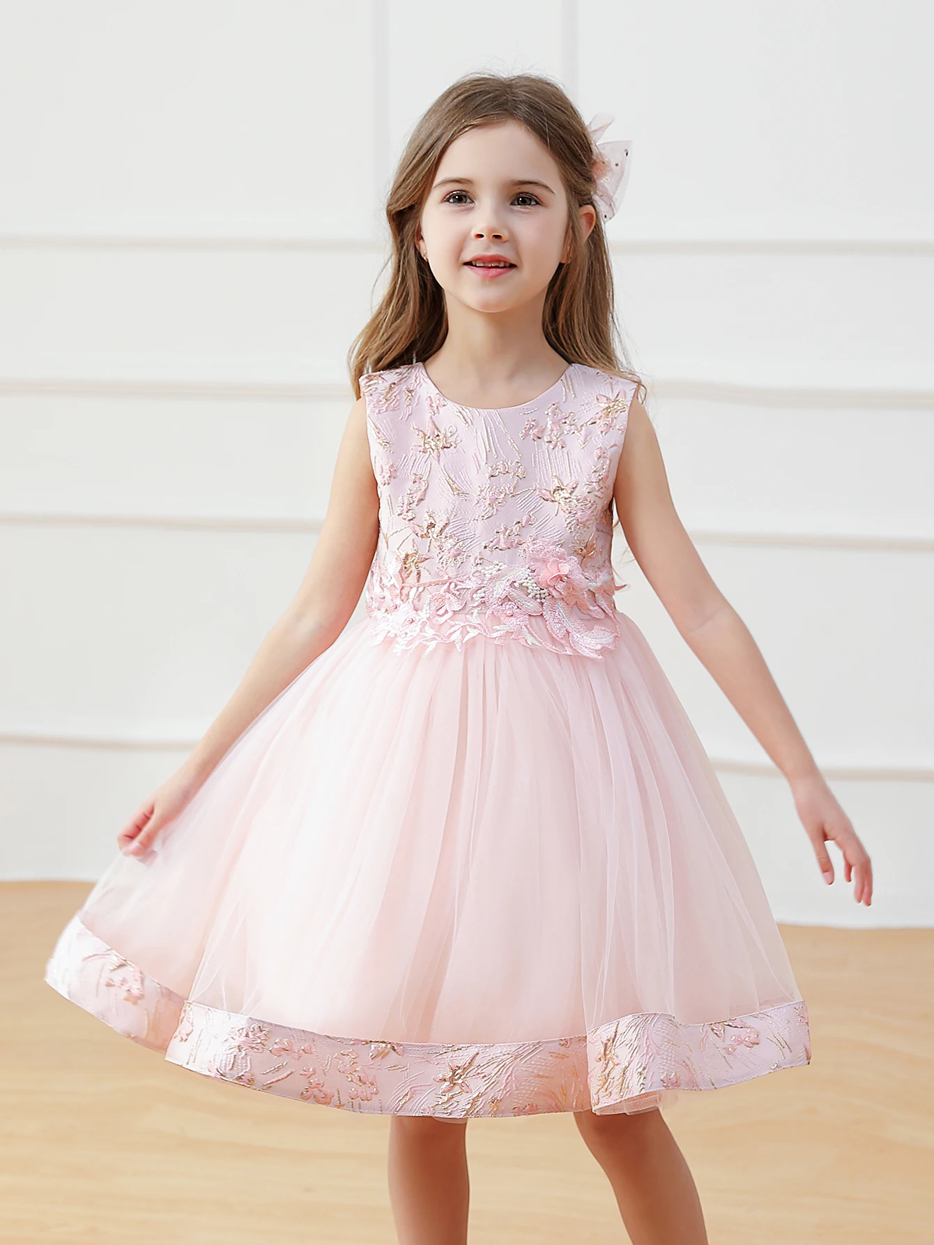 

High Quality High-End Jacquard Set Dress For Girls Birthday Party Pink Chiffon Dress Two-Piece Set