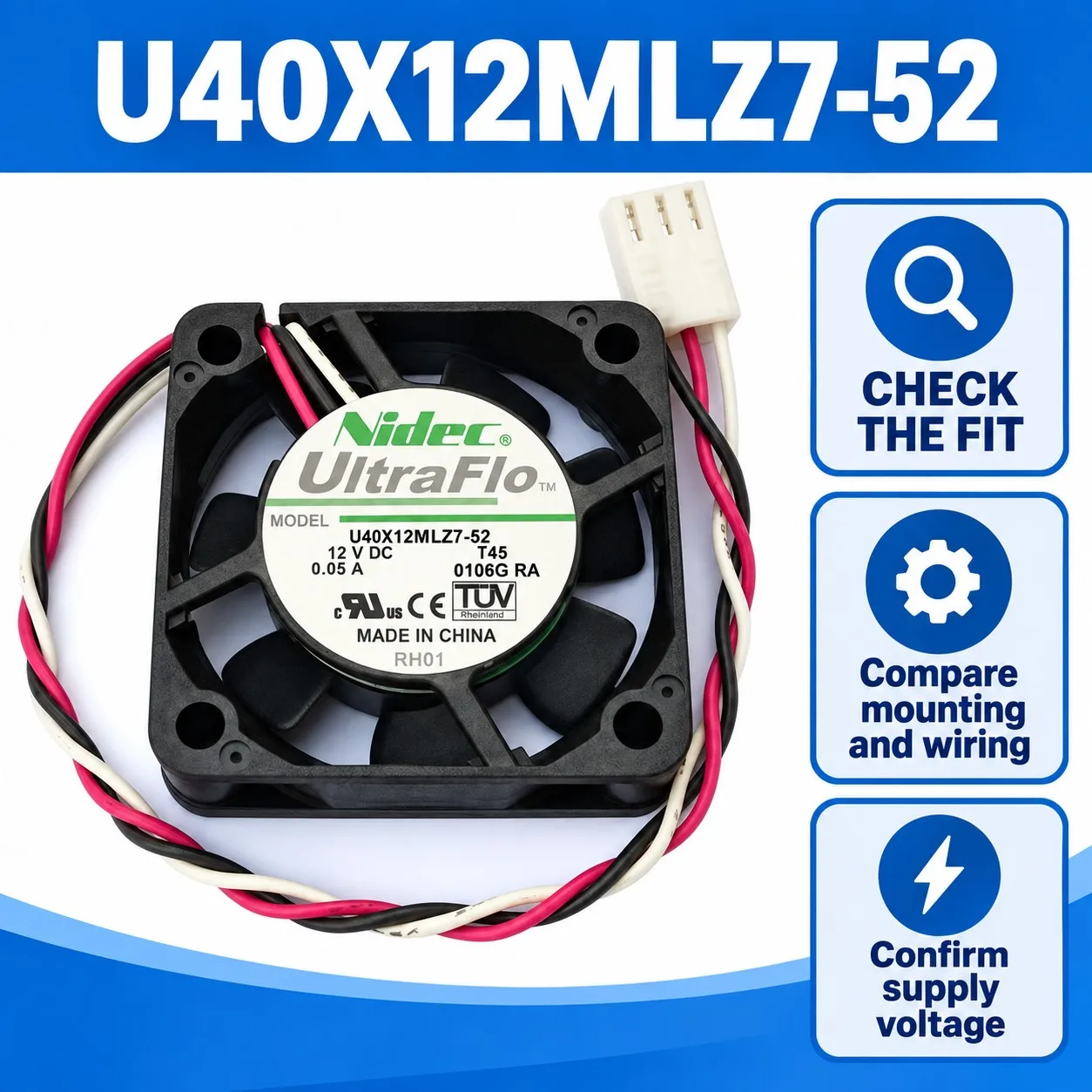 U40X12MLZ7-52 Server Cooling Fan 40x40x10mm 4010 12V 0.05A 4900RPM PWM Tachometer 3-Wire