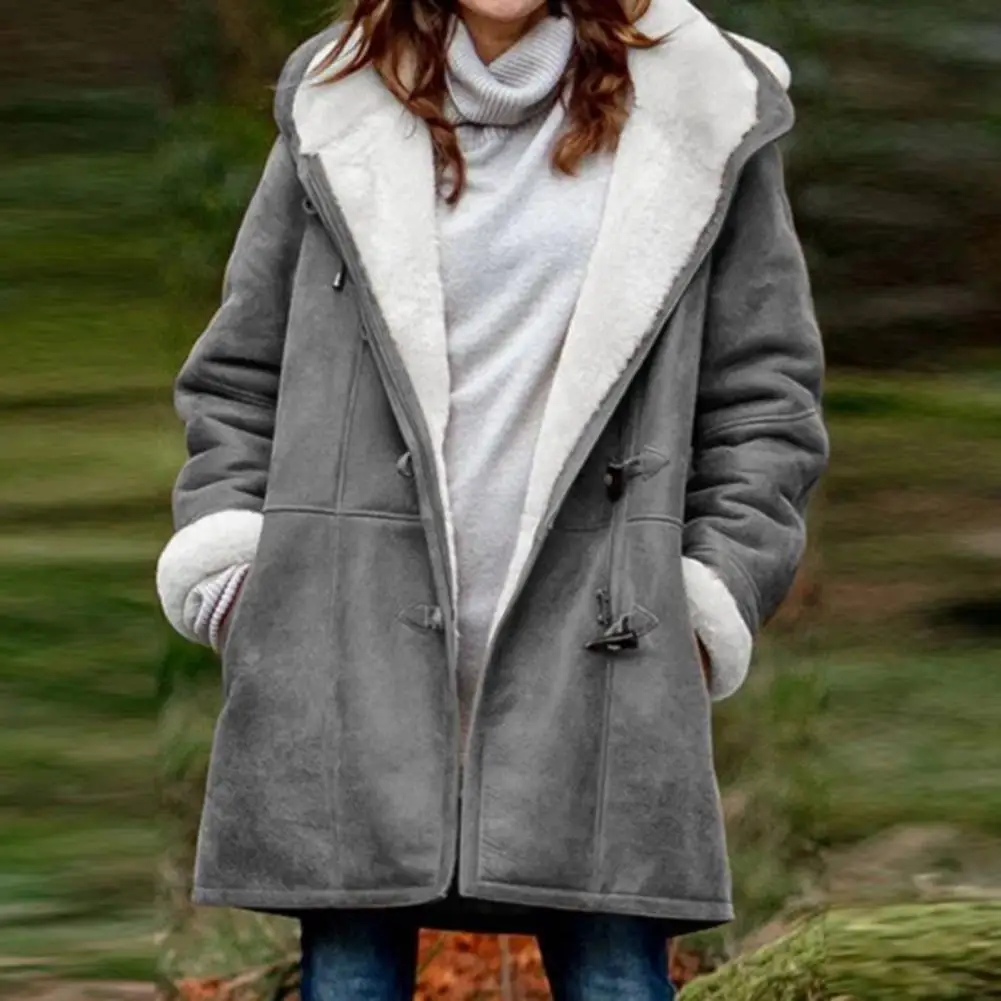 

Autumn Winter Women Hooded Jacket Soft Plush Long Sleeve Mid Length Women Plush Jacket Windproof Loose Pockets Lady Thick Coat