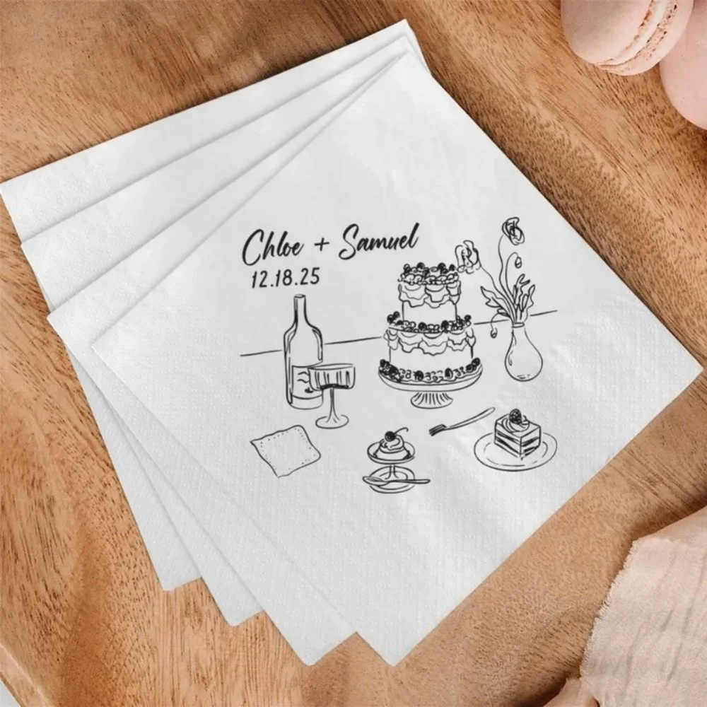 مناديل زفاف مخصصة، مناديل زفاف ذات اسم مخصص، مناديل كوكتيل أنيقة، ديكور طاولة الزفاف، مناديل استقبال الزفاف