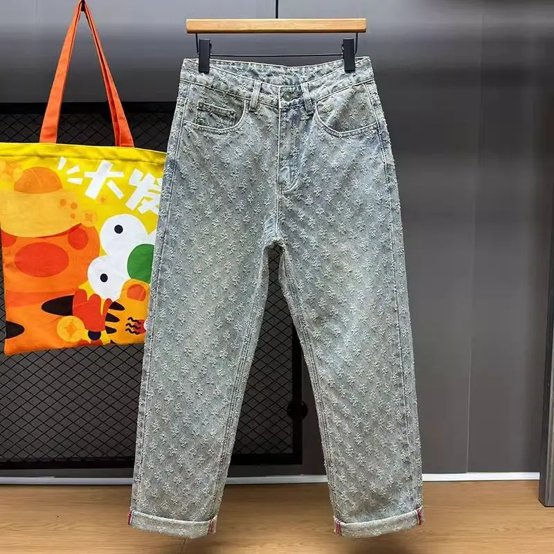 New Trendy Loose Straight Pure Blue Waed Denim Jeans Retro Wide Leg Design Sensation National Trend mid Waist Polyester Cot...