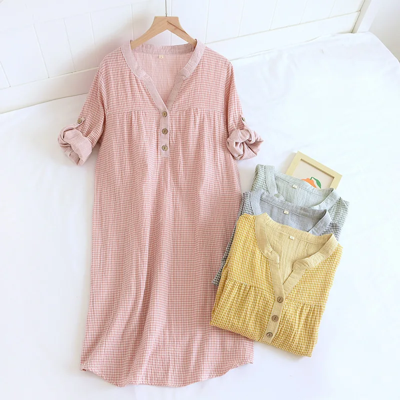 Vintage Yarn-Dyed Gingham Women‘s Breathable Cotton Nightgown, Crinkle Texture Long Sleeve Roll-Up V-Neck Midi Dress, Lightweigh