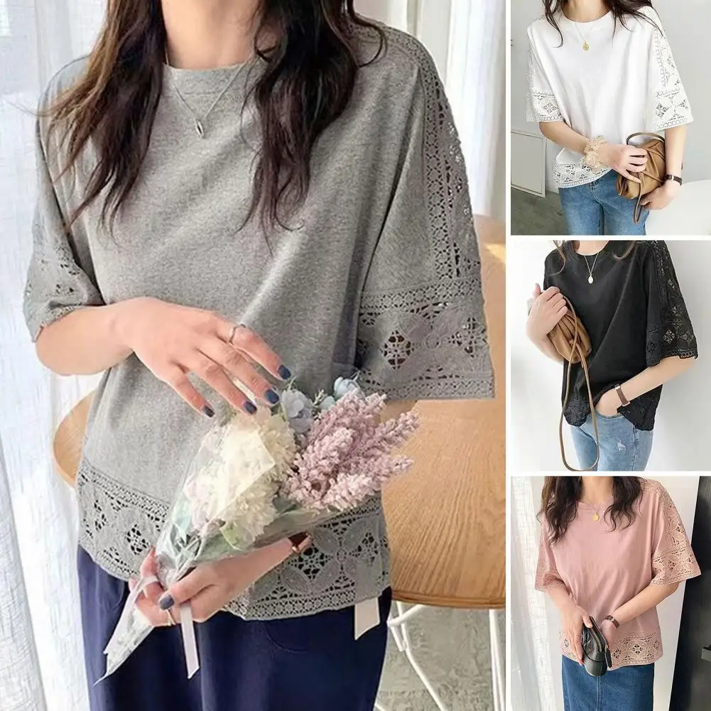 Women Casual T-shirt Round Neck Hollow Lace Stitching Half Sleeve Pullover Tops Solid Color Loose Fit Summer Tops