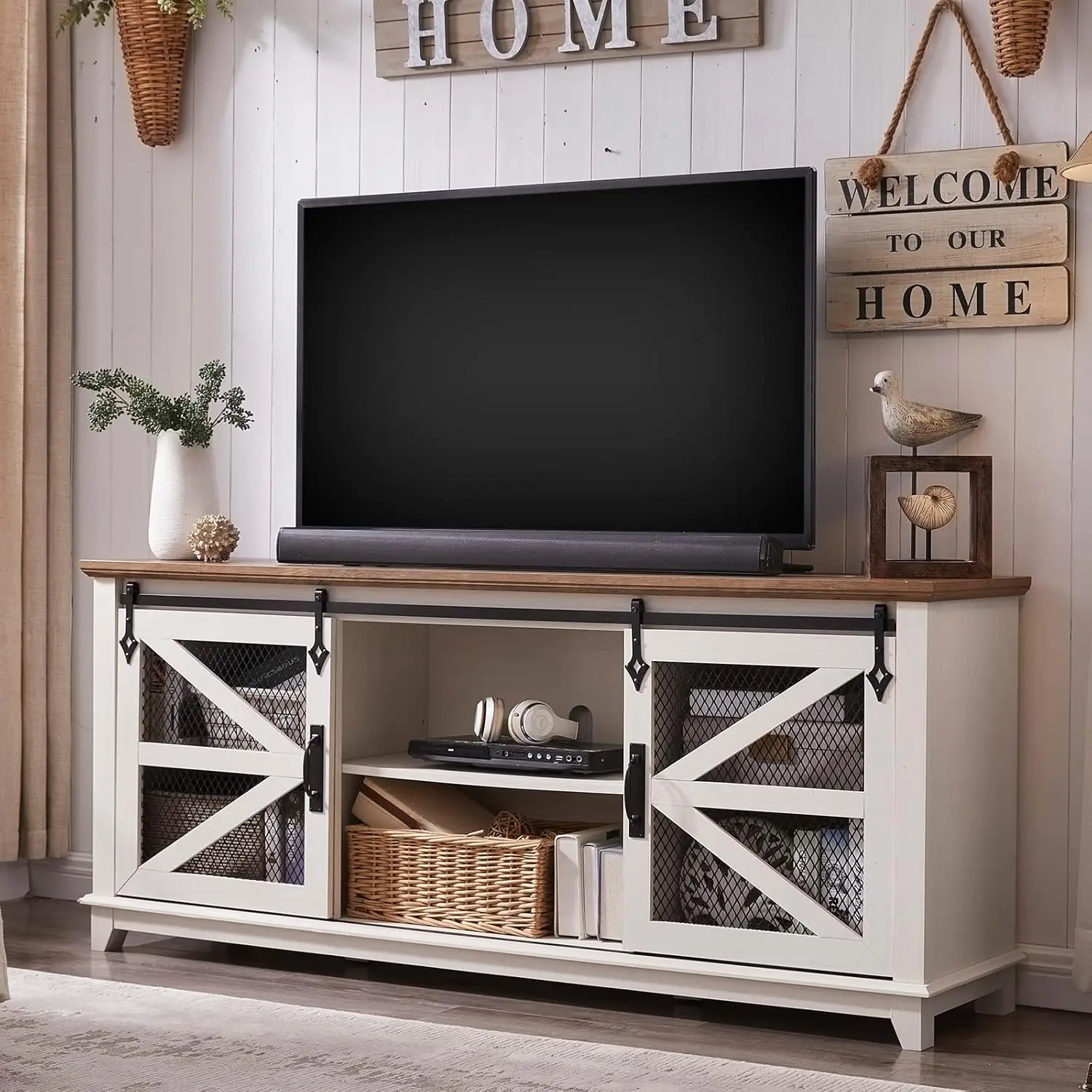 Farmhouse TV Stand for 75 Inch TV, Industrial & Farmhouse Media Entertainment Center w/Sliding Barn Door, Rustic