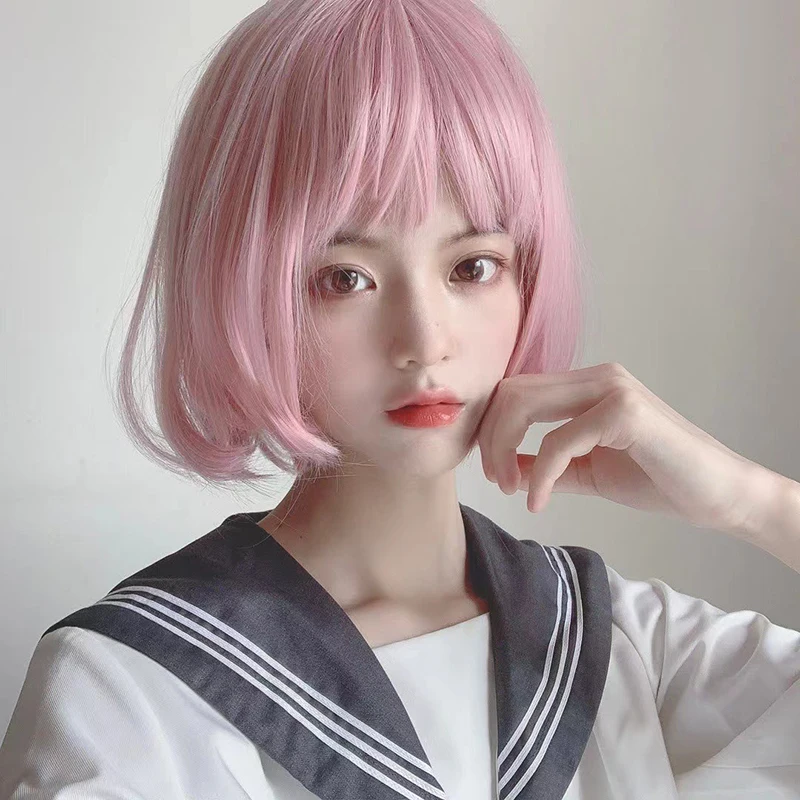 Festa mulher colorido bob corte de cabelo barra vestir-se moda curto cabelo reto senhora diário uniforme escolar jogo ar franja cabelo curto