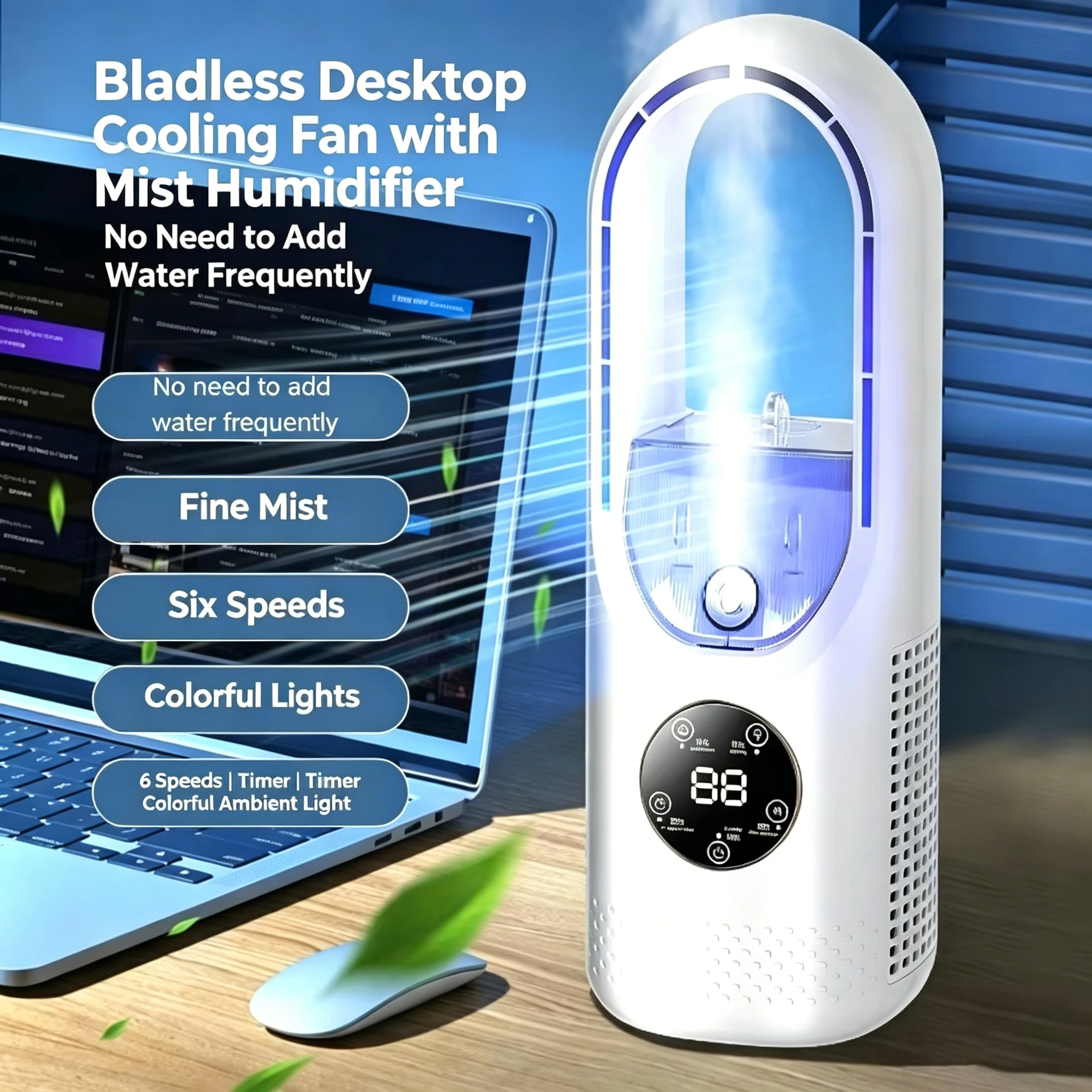 Ventilador de mesa, umidificador 2 em 1, refrigerador de ar silencioso com luz RGB, display LED sensível ao toque, para escritório, quarto, dormitório