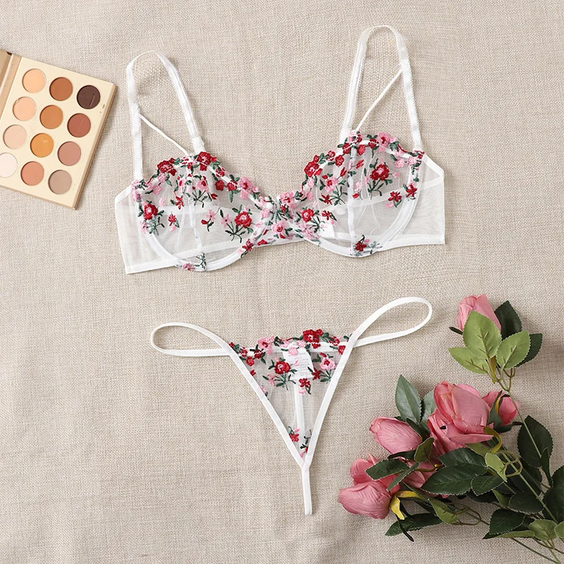 Floral Embroidery Lingerie Women Set Delicate Sexy Underwear Transparent Bra Kits Three-Point Underwear Mesh Bra and Panty Set