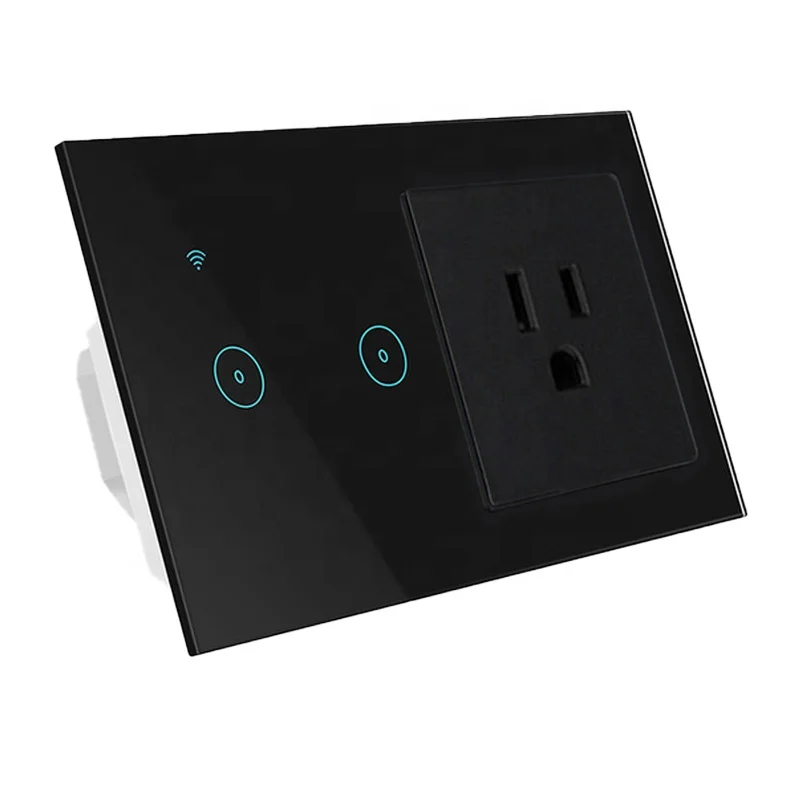 US Standard Plug Electrical Socket  Wireless Smart Home Wall Switch 2 Gang 2200W WiFi Light Control Touch Screen Switch