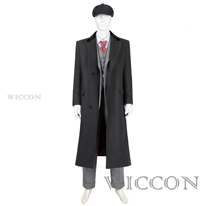 Tommy Shelby Cosplay Costume Man Peaky 6 Long Trench Coat Suit Outfit Full Set Retro British Newsboy Cap Gatsby Octagonal Hats