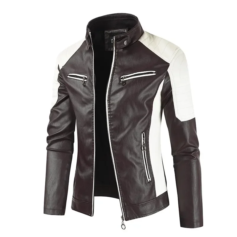 Men's Winter Pu Jacket Motorcycle Waterproof Cool Contrast Colors Classic Biker Leather Jacket Aviator Motor Autumn Coat