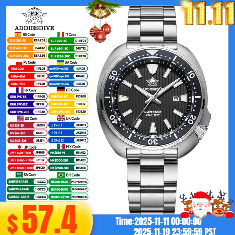 

ADDIESDIVE Men‘s Watch AD2507 20Bar Waterproof Window Display Reloj Hombre BGW9 Super Luminous Sapphire Glass Quartz Watch