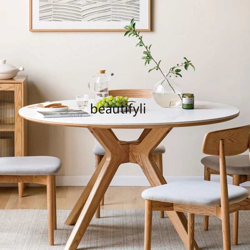 

Solid Wood Dining Table Modern Oak round Table and Chair Combination Nordic Household Log Stone Plate Dining Table