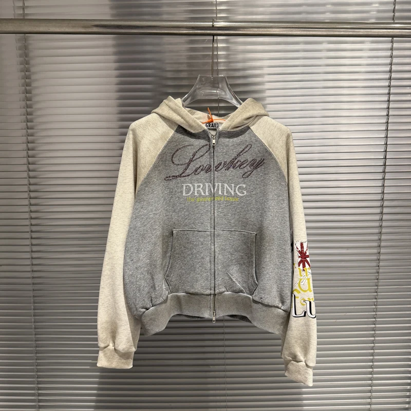 Stain Grailz Project G/R Diamond Letter Zipper Hoodie Sleeve Flag Label Men Women Washed Loose Casual Streetwear Pullovers