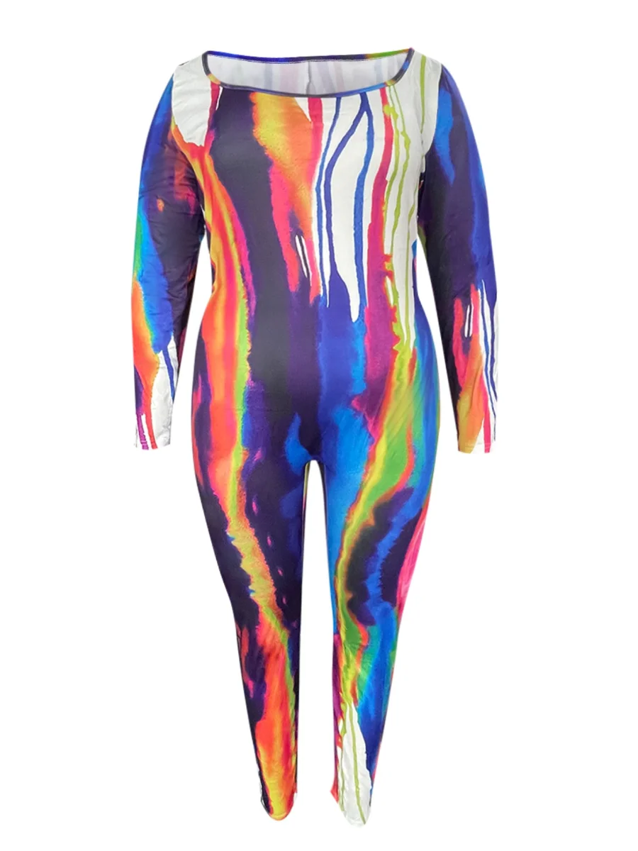 LW Plus Size SXY Pattern Print Jumpsuit 2024 Women One Piece Outfit Square Collar Tie Dye Long Sleeve Strip Long Romper Suits