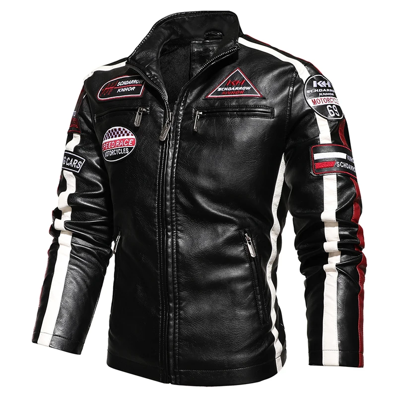 Chaqueta de motocicleta Vintage para hombre, abrigo de cuero de motorista, abrigo de bombardero bordado, abrigo de lana de Pu, moda de invierno, nuevo, 2023