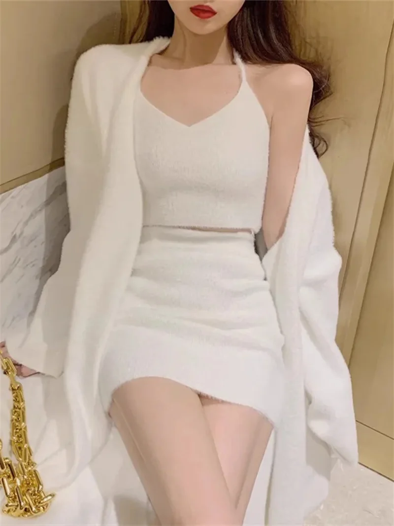 طقم سترة من ثلاث قطع للنساء ، تنورة نصف حمالة ، طراز كسول ، فتاة جذابة ، ملابس خارجية ، خريف ، شتاء #3