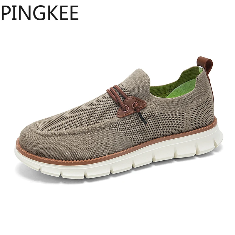 PINGKEE sepatu pantofel rajut jala, Sneaker kasual atas ringan untuk pria, desain Slip on tahan lama, sol luar MD