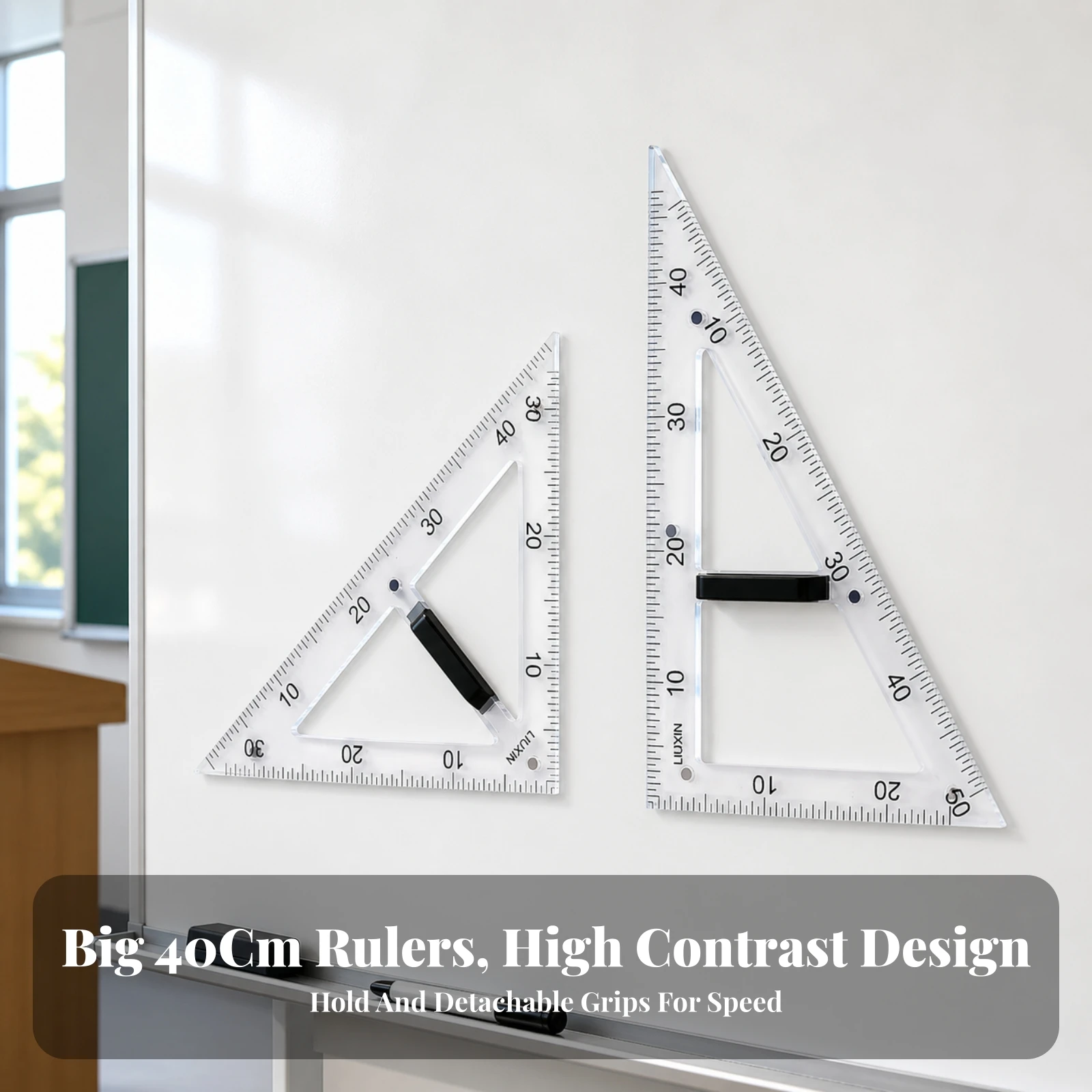 2 Pieces Triangular Teaching Ruler Long-Lasting Magnetized Classroom Ruler with Detachable Handle Geometry Tool Accurate